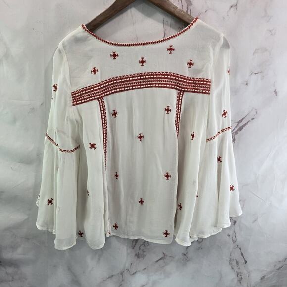 Anthropologie Shirt Womens Small 4 White Red Peasant Embroidered Adena Flared - Picture 6 of 12